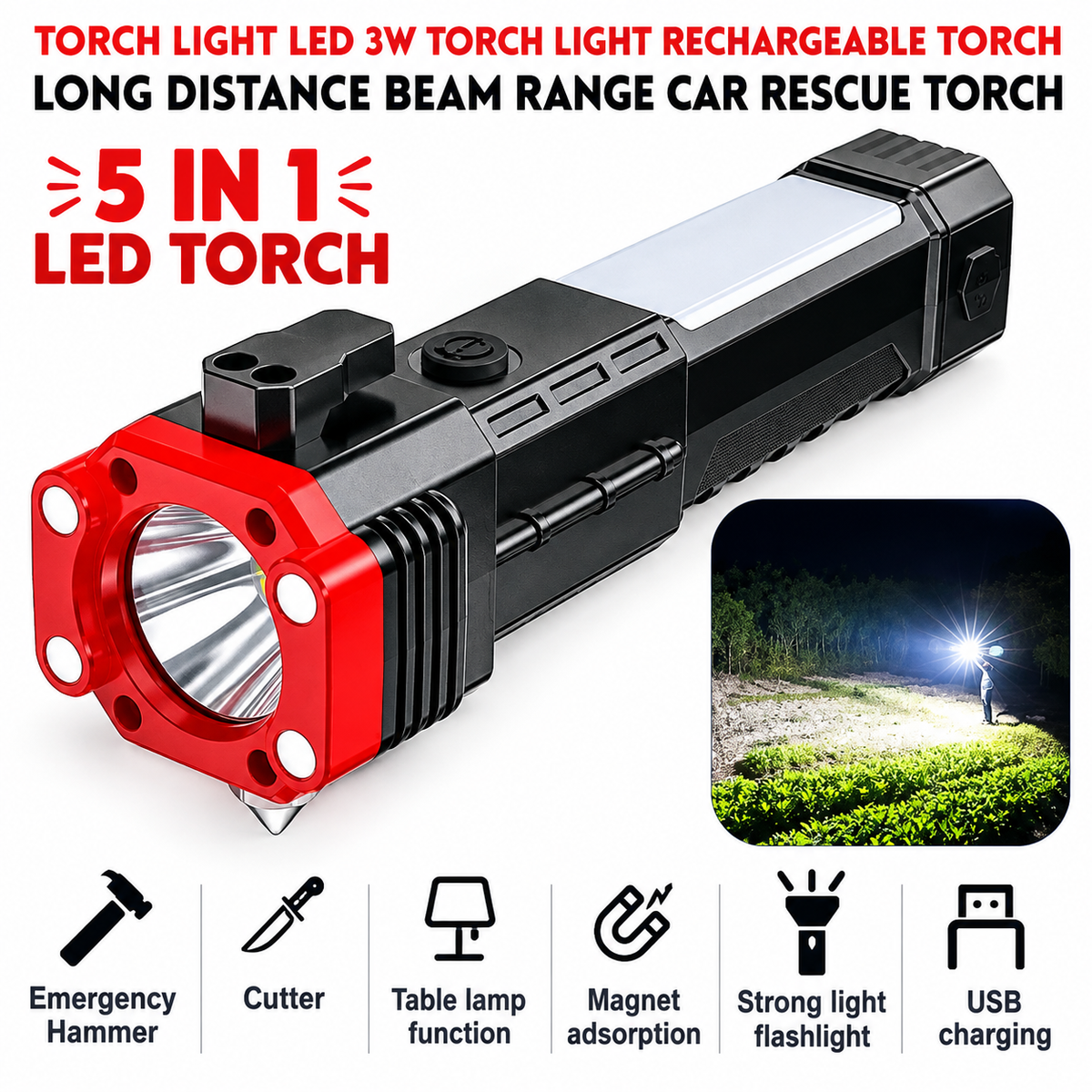 5-in-1 Rechargeable Flashlight , Power Bank & Hammer
