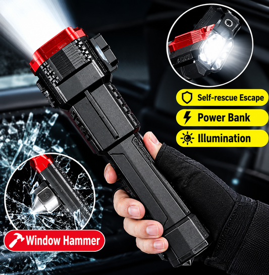 5-in-1 Rechargeable Flashlight , Power Bank & Hammer